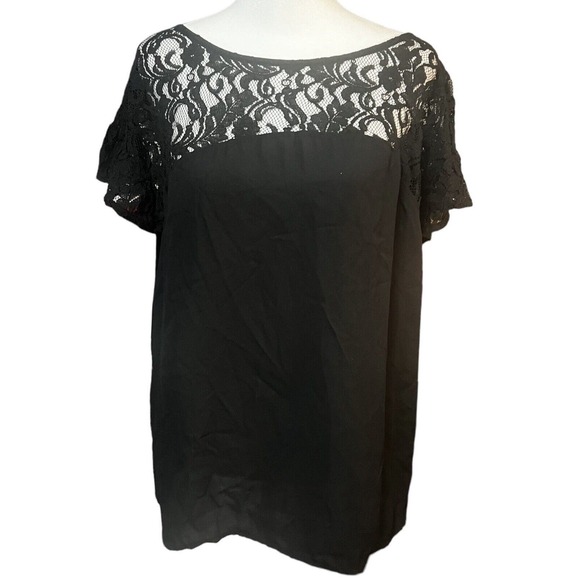 Maeve Tops - Anthropologie Maeve Penumbra Lace Chiffon Blouse Top Black Short Sleeve, Medium